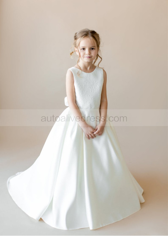 Ivory Lace Satin Open V Back Flower Girl Dress With Sweep Train Ivory Lace Satin Open V Back Flower Girl Dress With Sweep Train